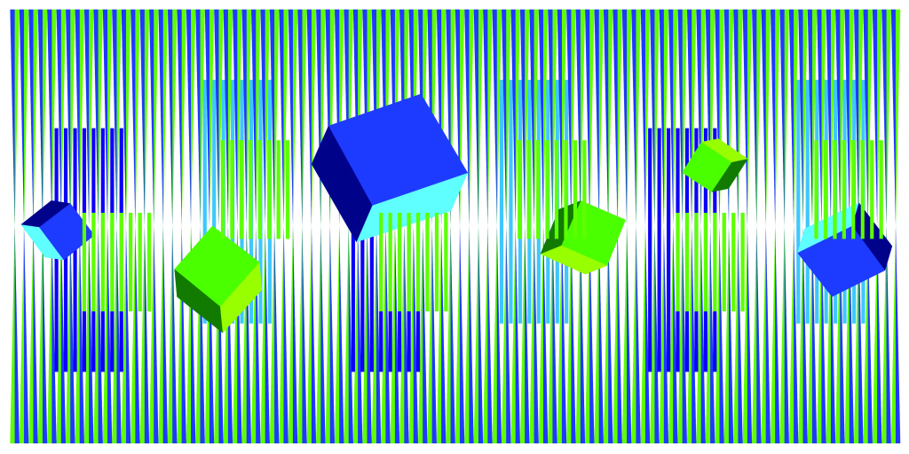004.Hugo Diaz.Blue and Green Cubes Dance Kinetic #5623. 36 x 72 inches